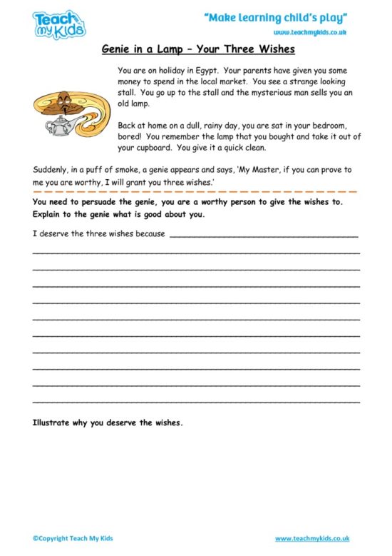 Worksheets for kids - genie-in-a-lamp-your-three-wishes